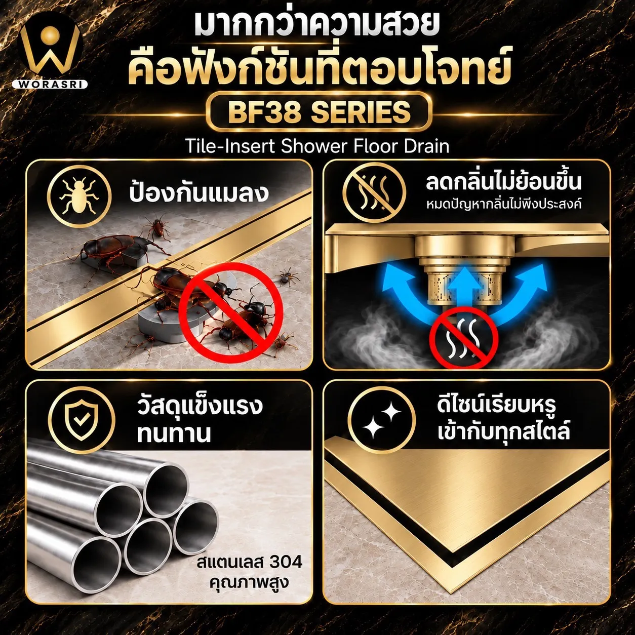 BF38Seriesตะแกรงระบายน้ำทิ้งสแตนเลส 304 กันกลิ่นและแมลงแบบยาว - Image 6