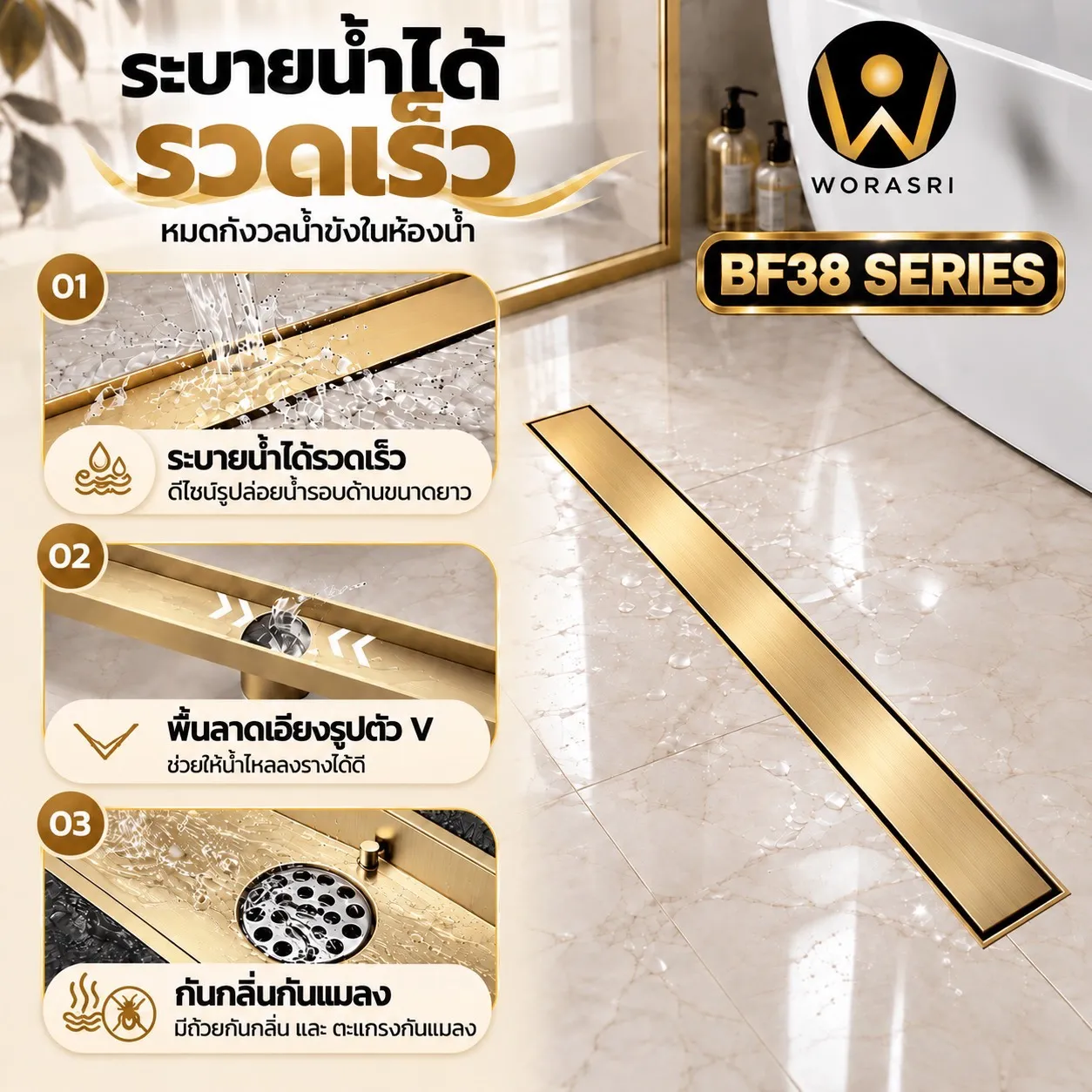 BF38Seriesตะแกรงระบายน้ำทิ้งสแตนเลส 304 กันกลิ่นและแมลงแบบยาว - Image 7