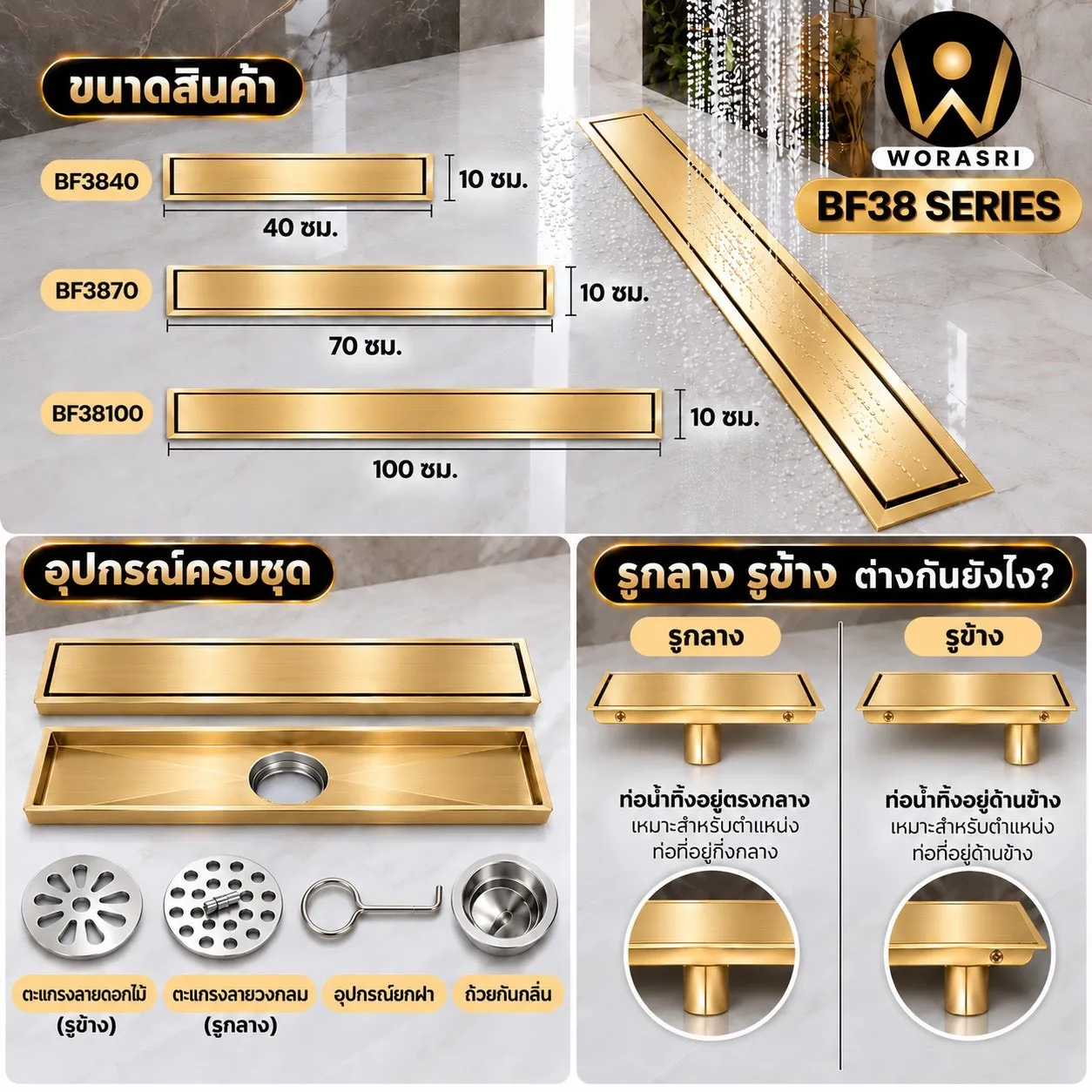BF38Seriesตะแกรงระบายน้ำทิ้งสแตนเลส 304 กันกลิ่นและแมลงแบบยาว - Image 8