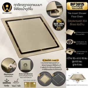BF3815ตะแกรงกันกลิ่นท่อระบายน้ำทิ้ง สแตนเลส 304 สีทองผิวด้าน